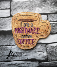 Load image into Gallery viewer, Nightmare before Coffee Coaster machine embroidery design DIGITAL DOWNLOAD
