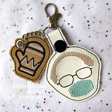 Load image into Gallery viewer, Bernie Snap tab and mitten charm set machine embroidery design DIGITAL DOWNLOAD