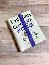 Load image into Gallery viewer, Evil plans &amp; Unicorn drawings Notebook Cover (2 sizes available) machine embroidery design DIGITAL DOWNLOAD