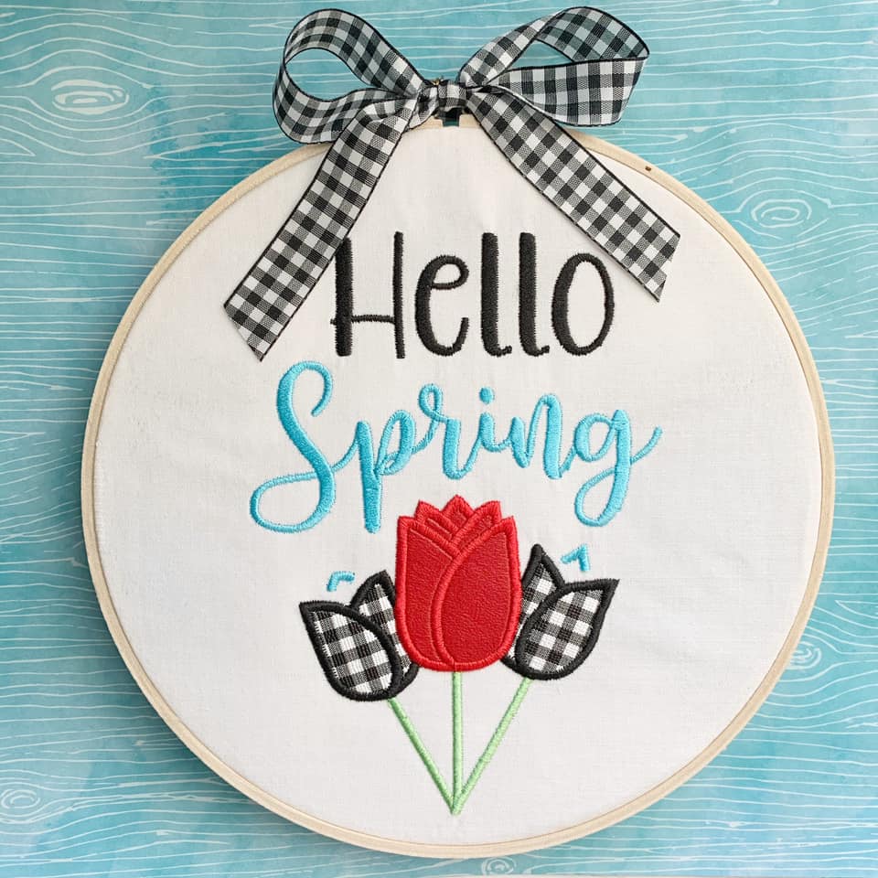 Hello Spring applique machine embroidery design (4 sizes included) DIGITAL DOWNLOAD