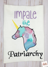 Load image into Gallery viewer, Impale the Patriarchy Unicorn machine embroidery design (4 sizes included) DIGITAL DOWNLOAD