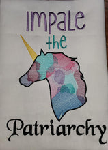 Load image into Gallery viewer, Impale the Patriarchy Unicorn machine embroidery design (4 sizes included) DIGITAL DOWNLOAD