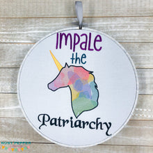 Load image into Gallery viewer, Impale the Patriarchy Unicorn machine embroidery design (4 sizes included) DIGITAL DOWNLOAD