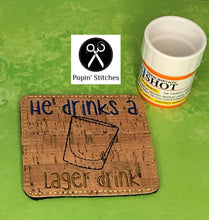 Load image into Gallery viewer, He drinks a whiskey drink coaster set (4 designs included) machine embroidery design DIGITAL DOWNLOAD
