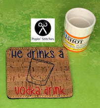 Load image into Gallery viewer, He drinks a whiskey drink coaster set (4 designs included) machine embroidery design DIGITAL DOWNLOAD