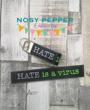 Load image into Gallery viewer, Hate is a virus key fob and bookmark set machine embroidery design DIGITAL DOWNLOAD