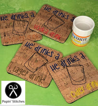 Load image into Gallery viewer, He drinks a whiskey drink coaster set (4 designs included) machine embroidery design DIGITAL DOWNLOAD