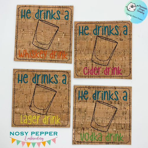 He drinks a whiskey drink coaster set (4 designs included) machine embroidery design DIGITAL DOWNLOAD