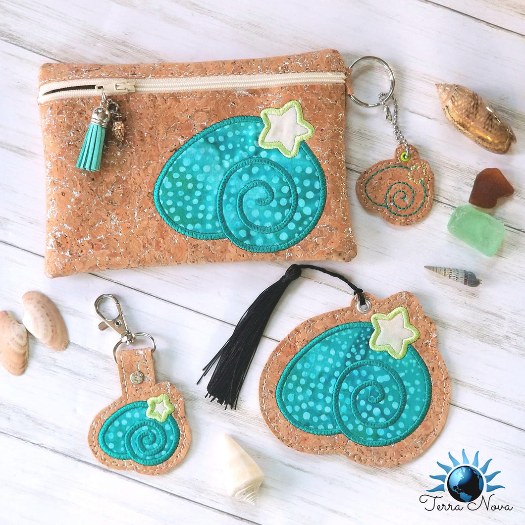 Shell Applique set (includes snap tab, charms, bookmark, 4x4 ITH Bag & 5x7 ITH Bag) machine embroidery design DIGITAL DOWNLOAD
