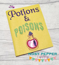 Load image into Gallery viewer, Potions and Poisons applique notebook cover (2 sizes available) machine embroidery design DIGITAL DOWNLOAD