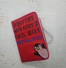 Load image into Gallery viewer, Facts about penguins notebook cover (2 sizes available) machine embroidery design DIGITAL DOWNLOAD