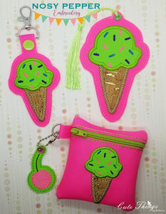 Ice Cream Applique Set (includes: snap tab, charms, bookmark, 4x4 & 5x7 ITH bags) machine embroidery design DIGITAL DOWNLOAD