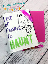 Load image into Gallery viewer, List of people to haunt notebook cover (2 sizes available) machine embroidery design DIGITAL DOWNLOAD