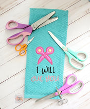Load image into Gallery viewer, I will cut you scissors applique machine embroidery design (5 sizes included) DIGITAL DOWNLOAD