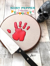 Load image into Gallery viewer, Bloody Hand print applique machine embroidery design (5 sizes included) DIGITAL DOWNLOAD
