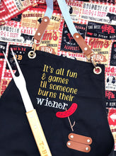 Load image into Gallery viewer, It&#39;s all fun &amp; games til someone burns their wiener applique machine embroidery design (4 sizes included) DIGITAL DOWNLOAD