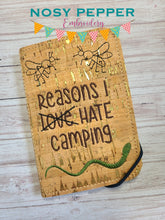 Load image into Gallery viewer, Reasons I hate Camping notebook cover (2 sizes available) machine embroidery design DIGITAL DOWNLOAD