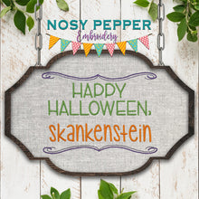 Load image into Gallery viewer, Happy Halloween Sk*nkenstein machine embroidery design (4 sizes included) DIGITAL DOWNLOAD