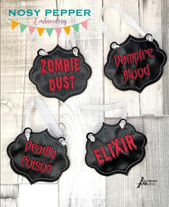 Apothecary Wine tag set of 4 in the hoop machine embroidery designs DIGITAL DOWNLOAD