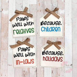 Snarky Holiday wine tags (set of 4 designs) machine embroidery design DIGITAL DOWNLOAD