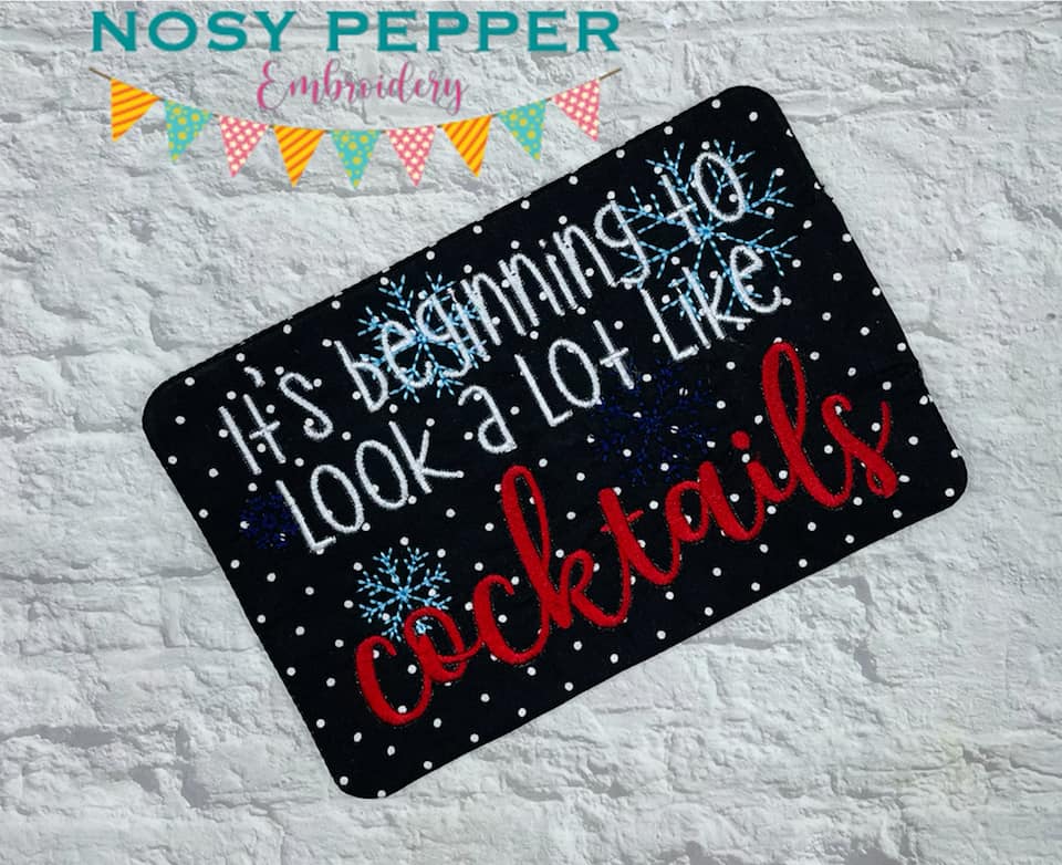 It's beginning to look a lot like cocktails ITH Mug Rug (4 sizes included) machine embroidery design DIGITAL DOWNLOAD