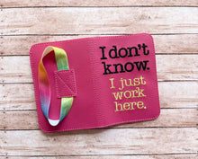 Load image into Gallery viewer, I don&#39;t know, I just work here notebook cover (2 sizes available) machine embroidery design DIGITAL DOWNLOAD