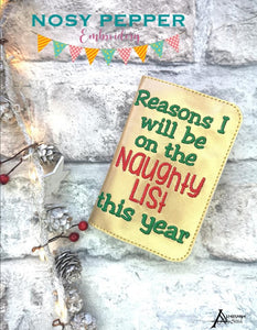 Reasons I will be on the naughty list notebook cover (2 sizes available) machine embroidery design DIGITAL DOWNLOAD