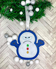 Load image into Gallery viewer, Grumpy Snowman applique ornament 4x4 machine embroidery design DIGITAL DOWNLOAD