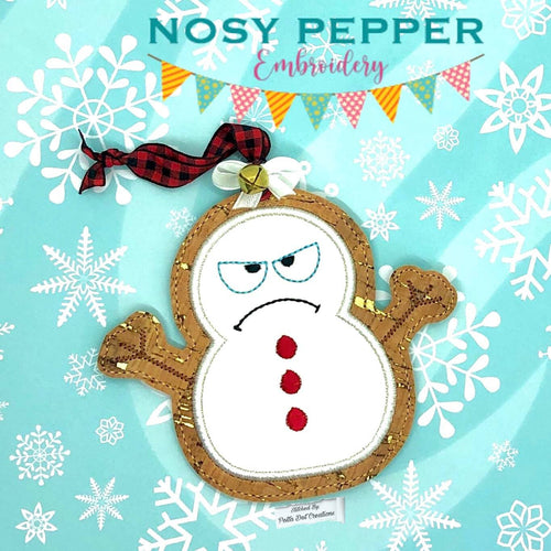 Grumpy Snowman applique ornament 4x4 machine embroidery design DIGITAL DOWNLOAD