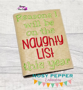 Reasons I will be on the naughty list notebook cover (2 sizes available) machine embroidery design DIGITAL DOWNLOAD