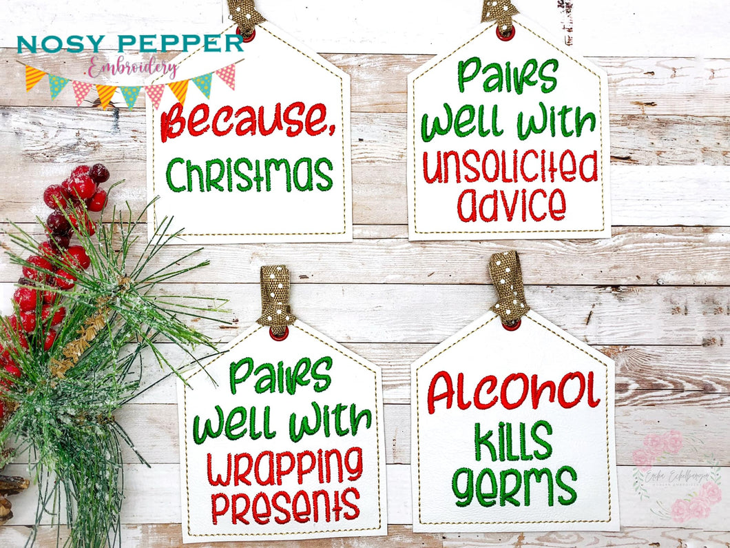 Christmas snarky wine tags (set of 4 designs) machine embroidery design DIGITAL DOWNLOAD