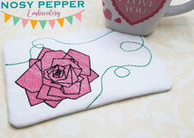 Load image into Gallery viewer, Geo Rose mug rug (2 versions &amp; 4 sizes included) machine embroidery design DIGITAL DOWNLOAD