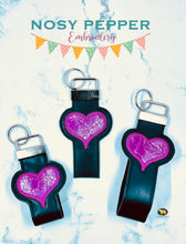 Load image into Gallery viewer, Heart applique key fob (3 sizes included) machine embroidery design DIGITAL DOWNLOAD