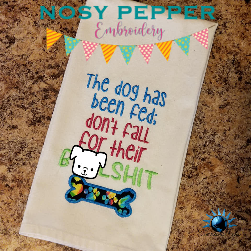 The dog has been fed applique machine embroidery design (4 sizes included) DIGITAL DOWNLOAD