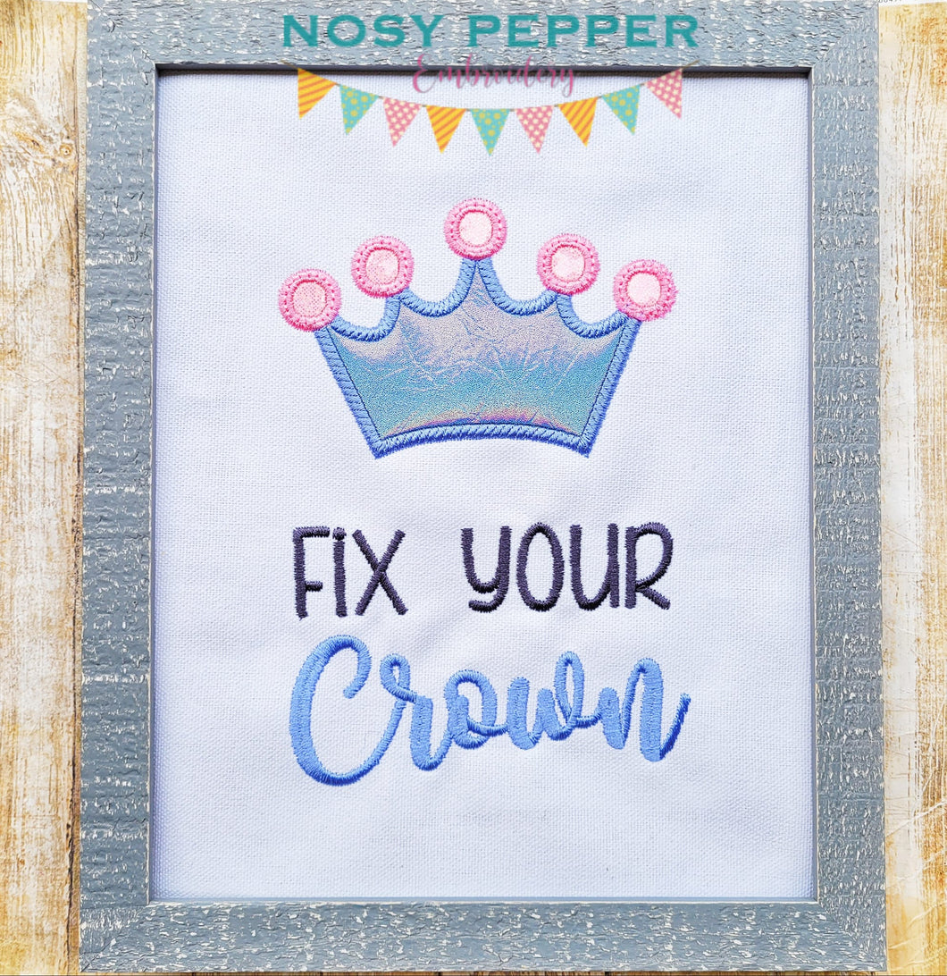 Fix your crown applique machine embroidery design (4 sizes included) DIGITAL DOWNLOAD