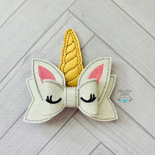 Load image into Gallery viewer, Unicorn ITH Bow (2 versions and 2 sizes included) machine embroidery design DIGITAL DOWNLOAD