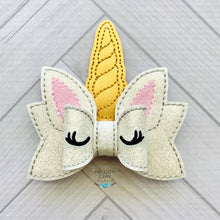 Load image into Gallery viewer, Unicorn ITH Bow (2 versions and 2 sizes included) machine embroidery design DIGITAL DOWNLOAD