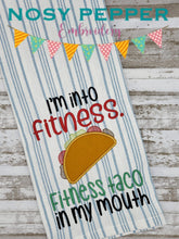 Load image into Gallery viewer, I&#39;m into fitness taco applique machine embroidery design (4 sizes included) DIGITAL DOWNLOAD