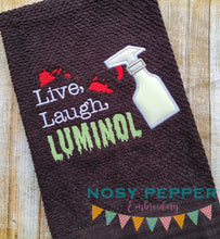 Load image into Gallery viewer, Live, Laugh, Luminol applique machine embroidery design (4 sizes included) DIGITAL DOWNLOAD