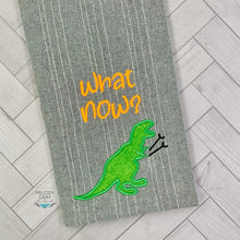 Load image into Gallery viewer, What Now T Rex design (clean version) applique machine embroidery design (4 sizes included) DIGITAL DOWNLOAD