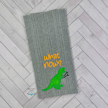 Load image into Gallery viewer, What Now T Rex design (clean version) applique machine embroidery design (4 sizes included) DIGITAL DOWNLOAD