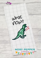Load image into Gallery viewer, What Now T Rex design (clean version) applique machine embroidery design (4 sizes included) DIGITAL DOWNLOAD