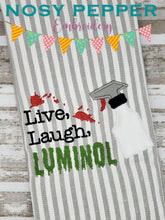 Load image into Gallery viewer, Live, Laugh, Luminol applique machine embroidery design (4 sizes included) DIGITAL DOWNLOAD