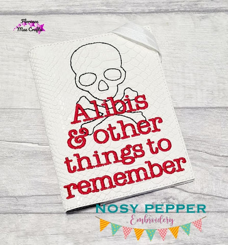 Alibis and other things to remember notebook cover (2 sizes available) machine embroidery design DIGITAL DOWNLOAD