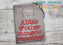 Load image into Gallery viewer, Alibis and other things to remember notebook cover (2 sizes available) machine embroidery design DIGITAL DOWNLOAD