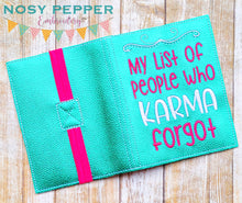 Load image into Gallery viewer, List of people Karma who karma forgot notebook cover (2 sizes available) machine embroidery design DIGITAL DOWNLOAD