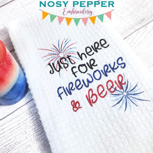 Load image into Gallery viewer, Just here for fireworks &amp; beer machine embroidery design (4 sizes included) DIGITAL DOWNLOAD