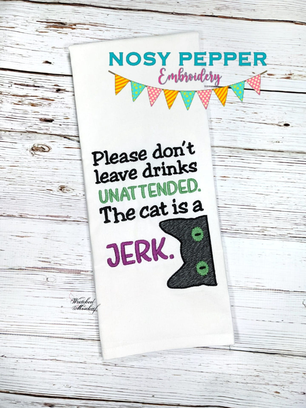 Please don't leave drinks unattended, the cat is a jerk sketchy machine embroidery design (4 sizes included) DIGITAL DOWNLOAD