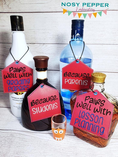 Teacher wine tags (set of 4 designs) machine embroidery design DIGITAL DOWNLOAD