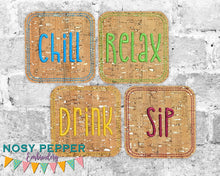 Load image into Gallery viewer, Drinks Coaster set machine embroidery design (4 designs included) DIGITAL DOWNLOAD